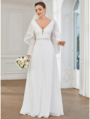 Hall Boho Brautkleider Bodenlang A-Linie Langarm V-Bügel V-Ausschnitt Chiffon mit Spitze Volltonfarbe