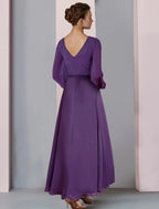 Etuikleid/Säulenkleid für die Brautmutter, Hochzeitsgast, Party, elegant, V-Ausschnitt, asymmetrisch, Chiffon, Spitze, lange Ärmel mit Rüschen