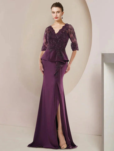 Meerjungfrau/Trompete Kleid für die Mutter der Braut, formeller Hochzeitsgast, luxuriös, elegant, V-Ausschnitt, bodenlang, Spitze, Stretch-Chiffon, halbe Ärmel mit Perlenbesatz, Rüschen und Applikationen