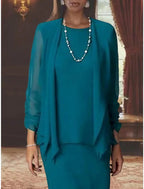 Robe deux pièces gainée / colonne pour la mère de la mariée, tenue de mariage formelle pour invitée, élégante, encolure en cœur, longue jusqu'au sol, en mousseline de soie, manches longues, ceinture incluse, couleur unie