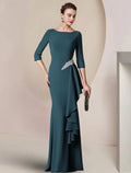 Etuikleid/Säulenkleid für die Mutter der Braut, Hochzeitsgast, Party, elegant, U-Ausschnitt, bodenlang, Stretch-Stoff, 3/4-Ärmel mit Kristallbrosche, Rüschen