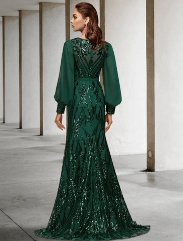Meerjungfrau/Trompete Kleid für die Mutter der Braut, Hochzeitsgast, elegant, funkelnd und glänzend, Juwelenhalsausschnitt, Schleppe, Chiffon, Pailletten, lange Ärmel mit Paillettenapplikationen