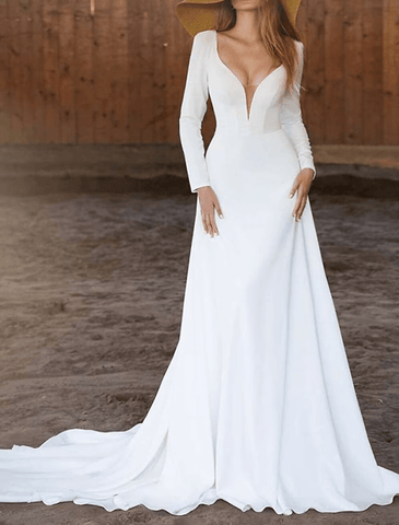 Hall Casual Brautkleider Kapelle Schleppe A-Linie Langarm V-Ausschnitt Baumwollmischung mit Falten Volltonfarbe