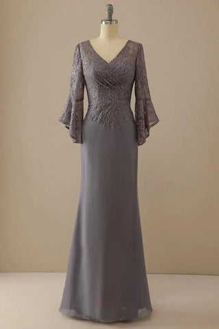 Kleid für die Brautmutter, V-Ausschnitt, Spitze, lange Ärmel