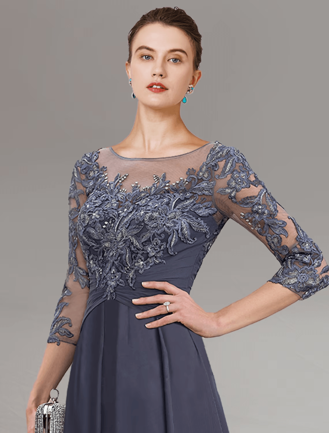 Vestido de festa tubinho/coluna para mãe da noiva, convidada de casamento, simples, elegante, decote em joia, comprimento até ao tornozelo, chiffon, renda, manga 3/4 com pregas, lantejoulas