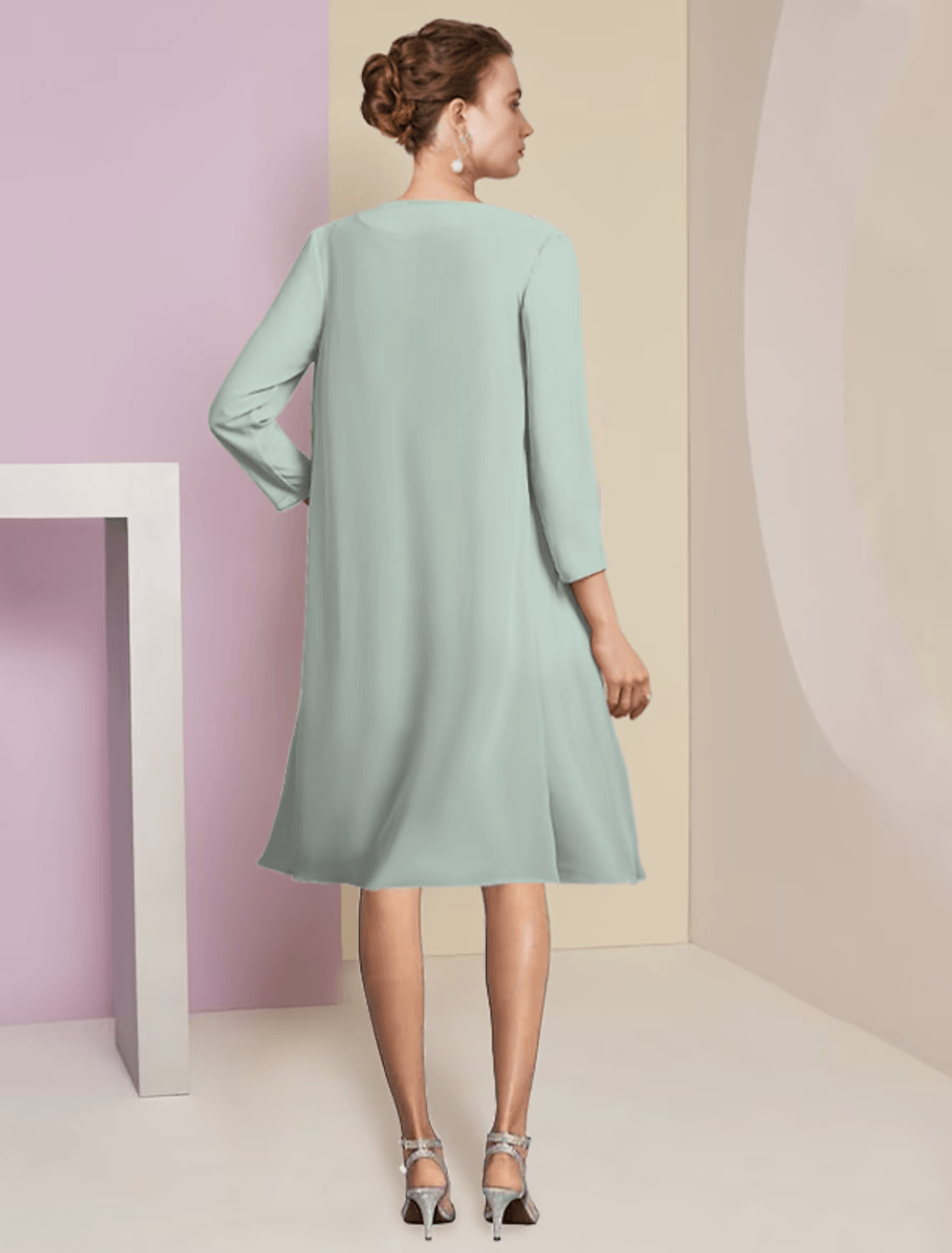 Vestido de mãe da noiva em duas peças, corte A, formal, para convidada de casamento, elegante, decote redondo, comprimento até ao joelho, chiffon, manga 3/4 com camadas