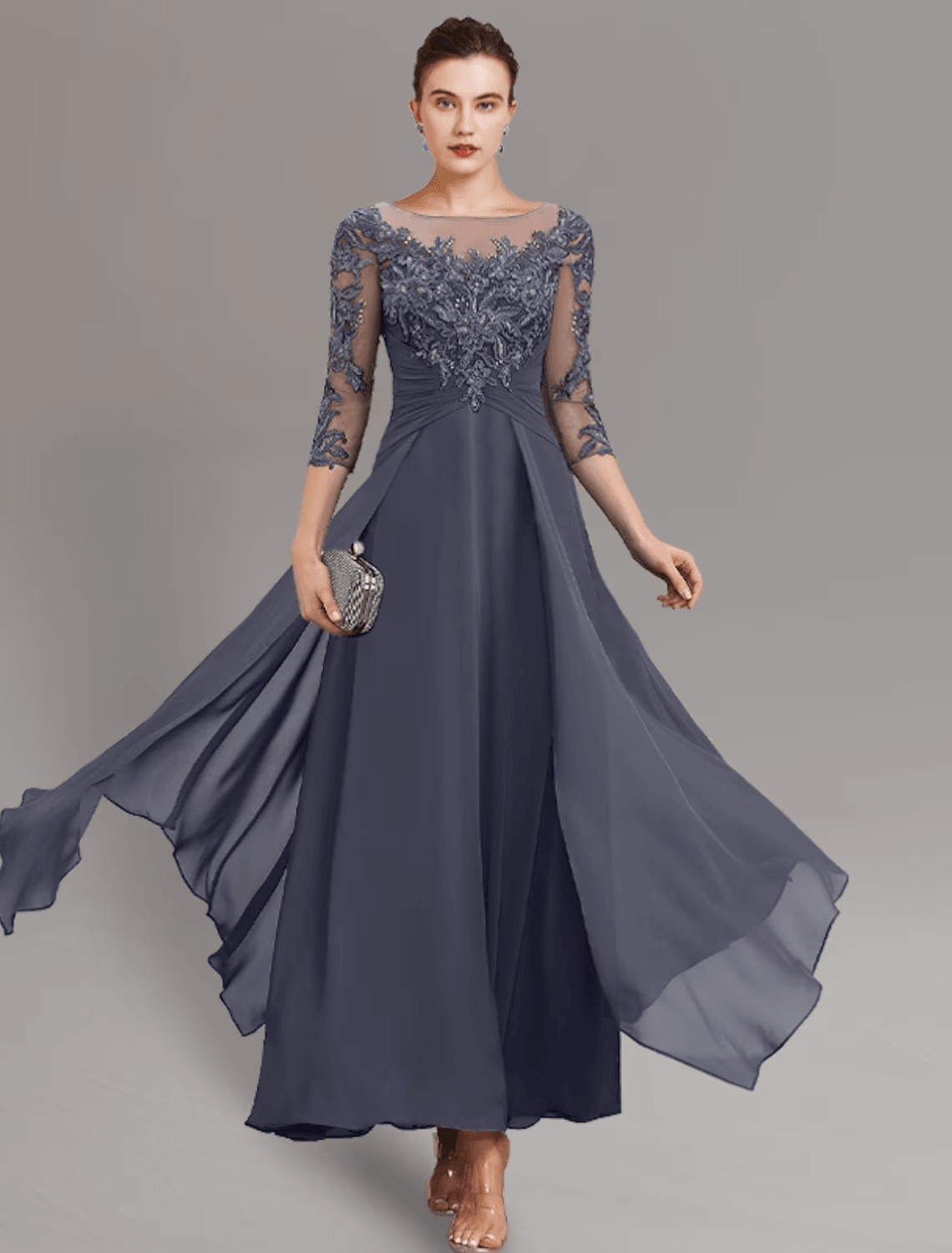 Vestido de festa tubinho/coluna para mãe da noiva, convidada de casamento, simples, elegante, decote em joia, comprimento até ao tornozelo, chiffon, renda, manga 3/4 com pregas, lantejoulas