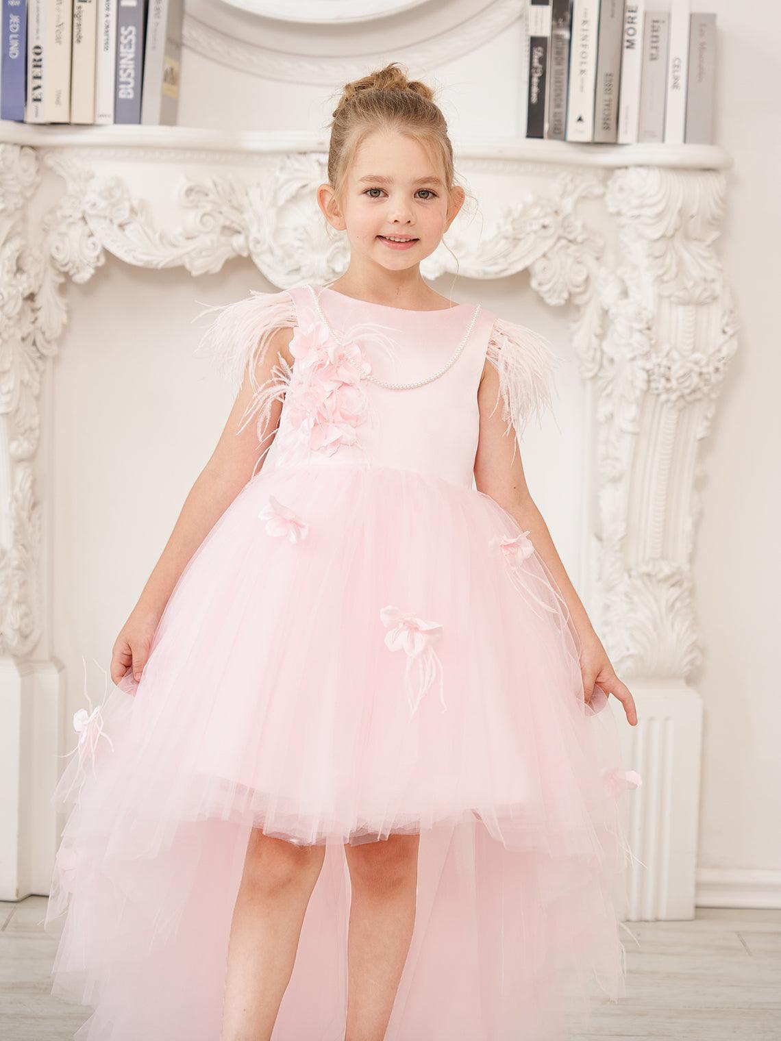 Princess Sleeveless Tulle Flower Girl Dress with Beading and Feather Bow (010224704)