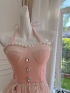 Einfaches Homecoming-/Partykleid mit Halter, rosa Tüll, Perlenbesatz, High-Low-Rüschen Y8582