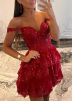 Vestido Corto de Baile en Capas con Escote de Corazón y Corte en A