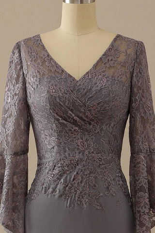 Kleid für die Brautmutter, V-Ausschnitt, Spitze, lange Ärmel