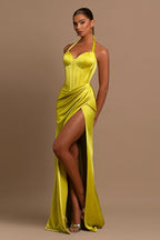 Vestido de noite comprido em cetim com decote em V e racha, estilo sereia