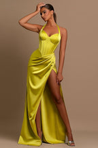 Vestido de noite comprido em cetim com decote em V e racha, estilo sereia