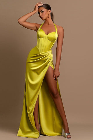 Long Mermaid Halter Sweetheart Satin Evening Dress with Slit