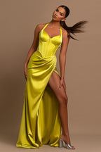 Vestido de noite comprido em cetim com decote em V e racha, estilo sereia