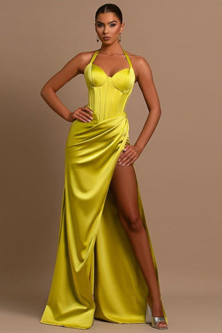 Long Mermaid Halter Sweetheart Satin Evening Dress with Slit