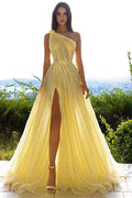 Vestidos de noche largos tipo A de tul con lentejuelas, un hombro, color narciso y abertura frontal