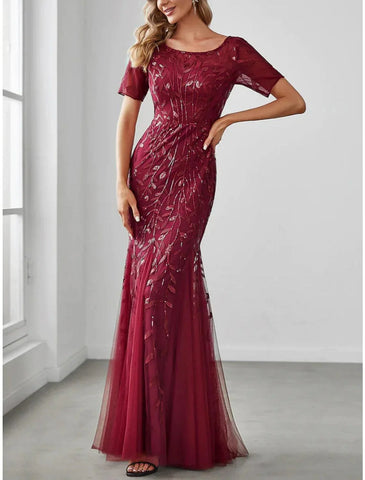 Meerjungfrau/Trompete Kleid für die Mutter der Braut, Hochzeitsgast, funkelnd und glänzend, elegant, Rundhalsausschnitt, bodenlang, mit Pailletten besetzt, kurze Ärmel mit Falten, Pailletten