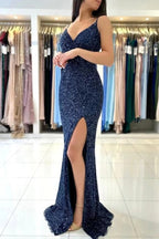 Dark Blue Glitter Long Mermaid Spaghetti Straps V-neck Prom Dresses With Slit