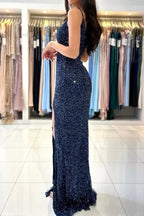 Dark Blue Glitter Long Mermaid Spaghetti Straps V-neck Prom Dresses With Slit