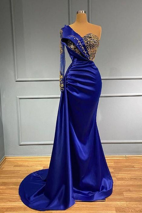 Royal Blue One Shoulder Long Sleeves Satin Mermaid Prom Dress with Beads