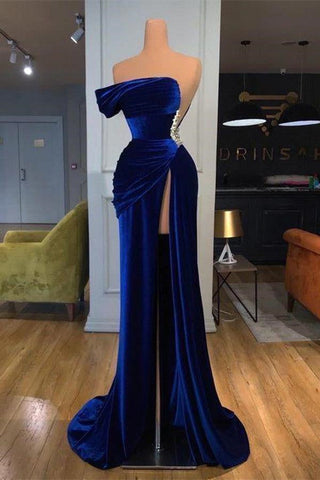 Royal Blue One Shoulder Long Split Mermaid Evening Dress with Beads
