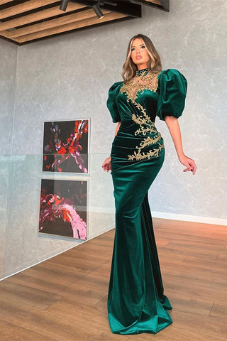 Dark Green Long Sweetheart Velvet Bubble Sleeves Mermaid Prom Dress