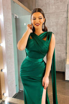 Dark Green Long Mermaid Ruffle Satin Prom Dress with Split