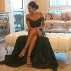 Dark Green Long Lace Off-the-Shoulder Mermaid Satin Prom Dress with Slit