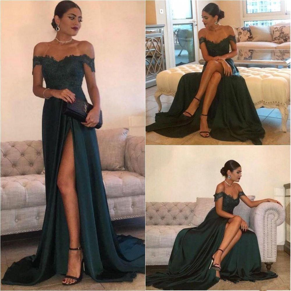 Dark Green Long Lace Off-the-Shoulder Mermaid Satin Prom Dress with Slit