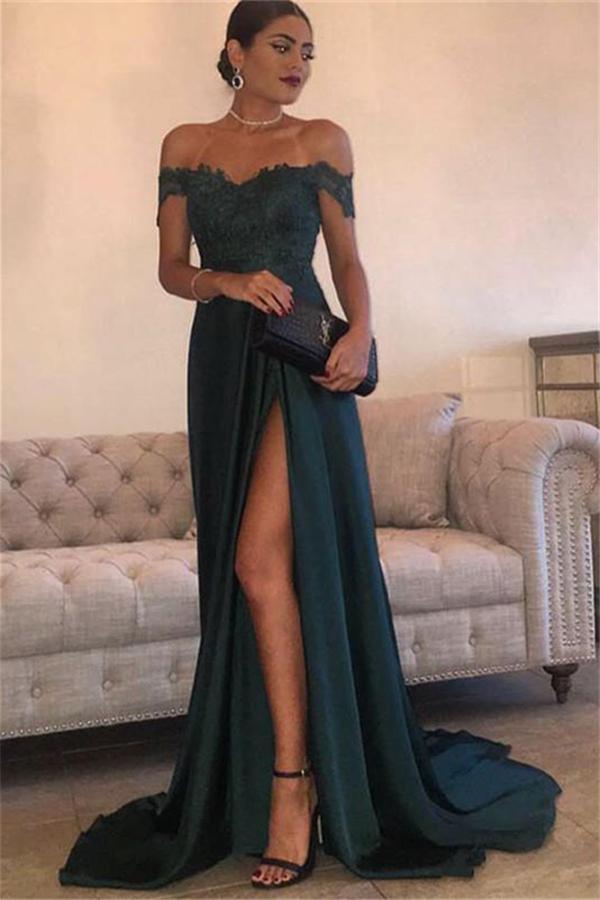 Dark Green Long Lace Off-the-Shoulder Mermaid Satin Prom Dress with Slit