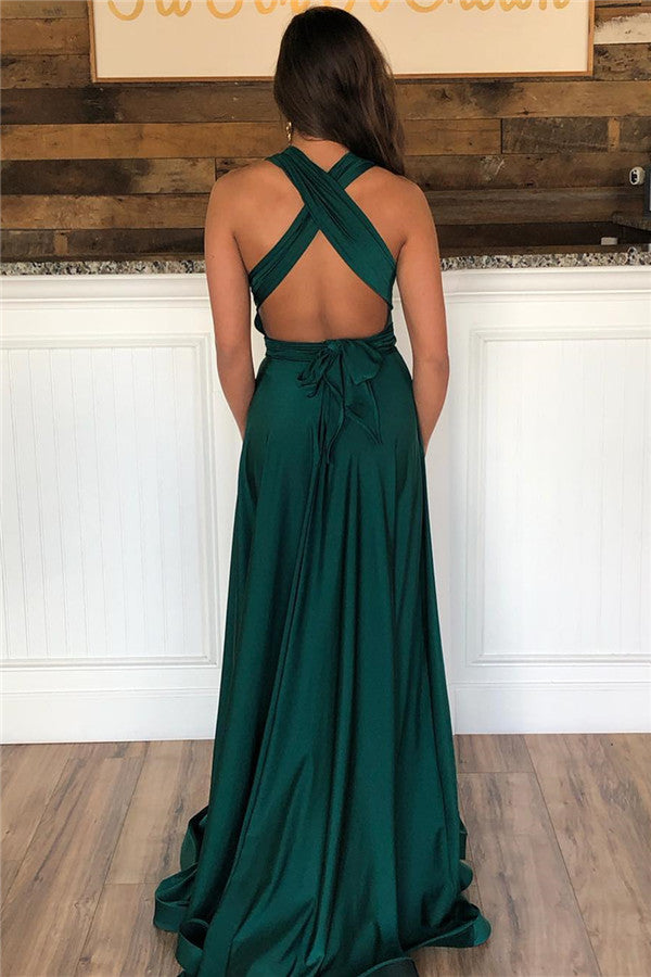 Dark Green Long A-Line Halter Open Back Prom Dress With Slit