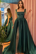 Robe de bal longue vert foncé en satin, coupe A, avec fente avant, dos ouvert et nœud