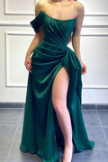 Dunkelgrünes langes Meerjungfrau-Abendkleid mit einer Schulter aus Satin mit Schlitz