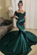 Vestidos de noche largos estilo sirena, verde oscuro, fuera del hombro