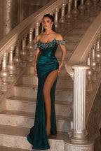 Dark Green Long Satin off-the-shoulder Mermaid Prom dress with slit
