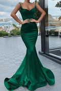Abito da Ballo Sirena in Raso Verde Scuro Lungo con Scollatura a Cuore