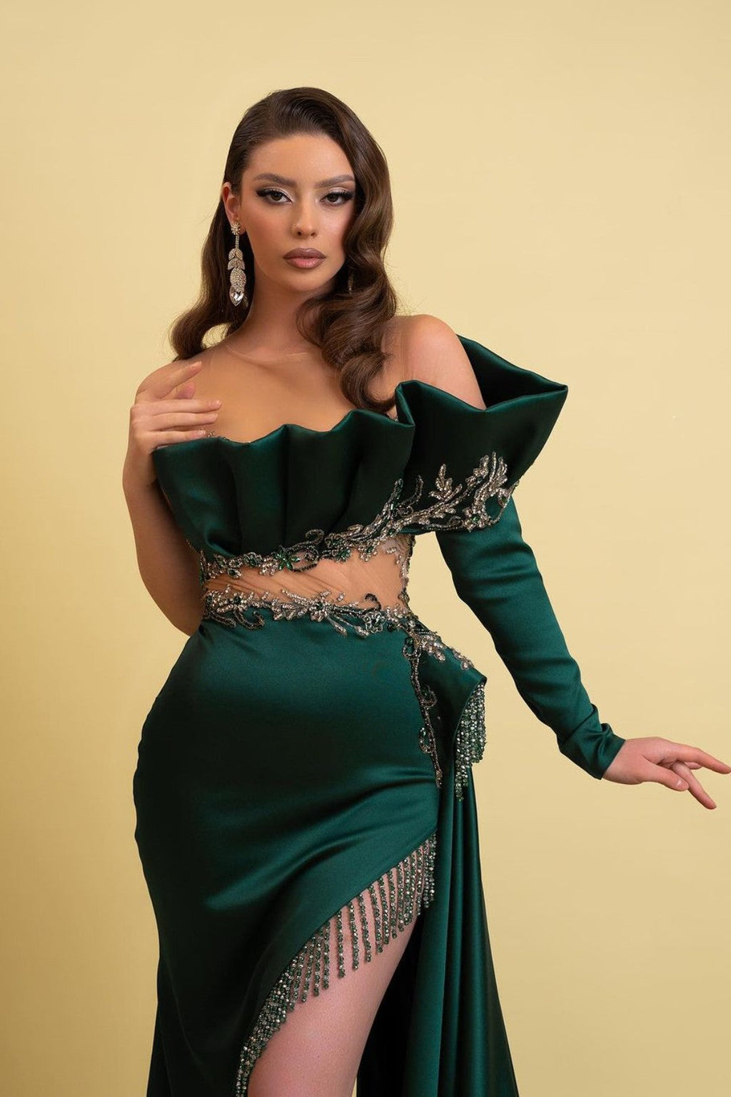 Dark Green Long Sleeves One Shoulder Satin Prom Dress with High Slit