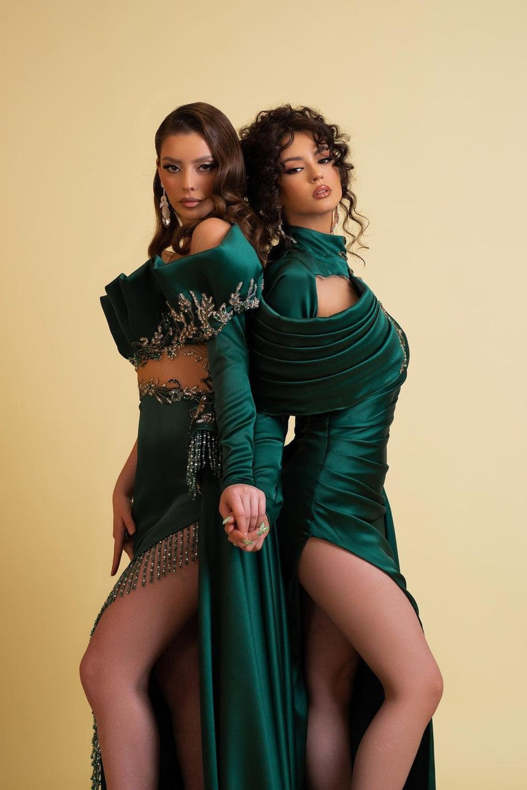 Dark Green Long Sleeves One Shoulder Satin Prom Dress with High Slit