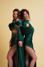 Dark Green Long Sleeves One Shoulder Satin Prom Dress with High Slit