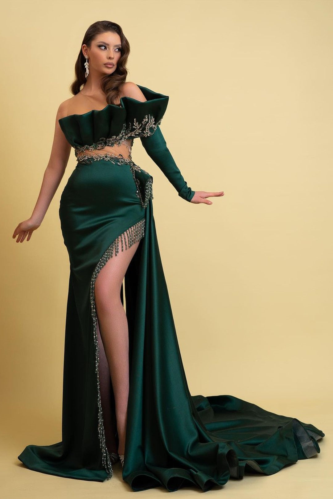 Dark Green Long Sleeves One Shoulder Satin Prom Dress with High Slit