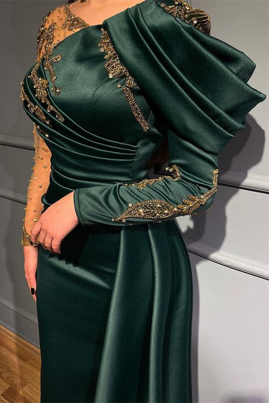 Dark Green Long Sleeves Mermaid Evening Dress with Beads Appliques Lace