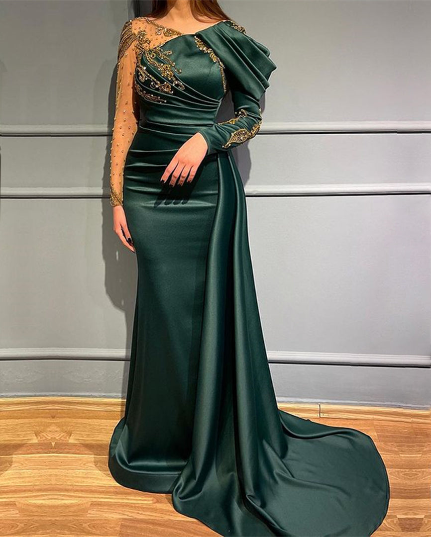 Dark Green Long Sleeves Mermaid Evening Dress with Beads Appliques Lace