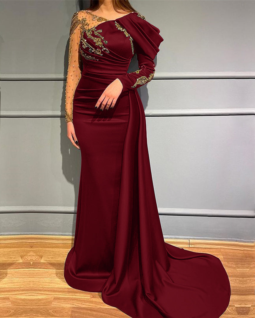 Dark Green Long Sleeves Mermaid Evening Dress with Beads Appliques Lace