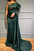 Robe de soirée sirène à manches longues vert foncé avec applications de perles et dentelle