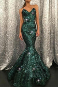 Robe de bal sirène longue vert foncé à décolleté cœur et paillettes