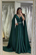 Vestidos de Fiesta de Satén en Línea A con Cuello en V Largo y Capa en Verde Oscuro