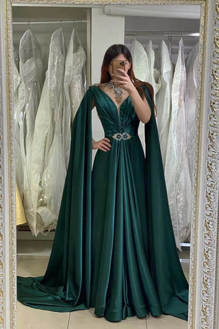 Dark Green Long V-Neck A-Line Satin Prom Dresses with Cape