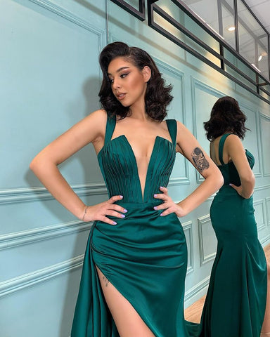 Dark Green Mermaid Long Sweetheart Satin Evening Dress with Slit