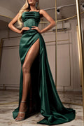 Vestido de Noche Largo de Sirena de Raso Verde Oscuro Sin Tirantes con Abertura